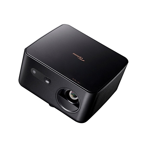 Projecteur Optoma noir. Lentille, panneau de commande et ventilation visibles.