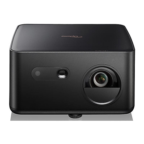 Schwarzer Projektor von Optoma, Frontansicht. Mit Objektiv, Linse und Sensoren.