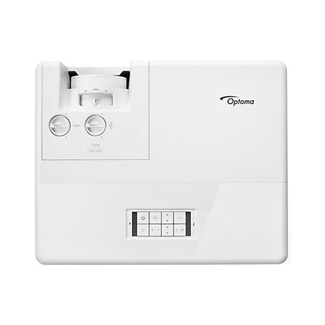 Projecteur Optoma blanc, haut avec commandes de zoom et de décalage de l'objectif, et logo Optoma.