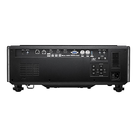 Projecteur noir, vue arrière. Nombreux ports et commandes, dont HDMI, LAN et entrée d'alimentation.