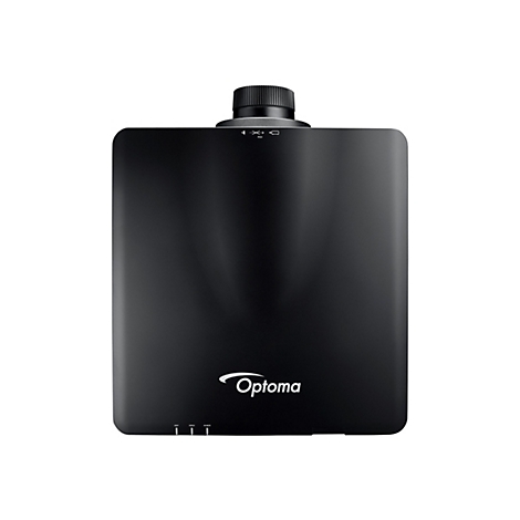 Schwarzer Optoma-Projektor vor weißem Hintergrund. Oben ist ein Objektiv, darunter das Optoma-Logo.