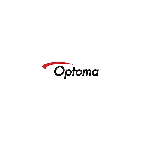 Optoma Logo: Schwarzer Schriftzug Optoma mit rotem Bogen darüber.