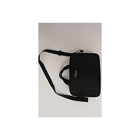 Schwarze Umhängetasche mit rotem Optoma-Logo. Verstellbarer Trageriemen. Tasche steht vor weißem Hintergrund.