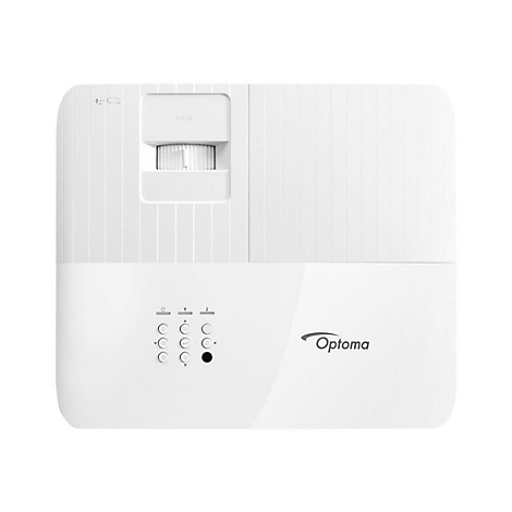 Projecteur blanc avec logo Optoma, boutons de mise au point et de commande. Rainures verticales sur le dessus.