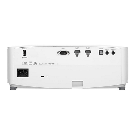 Arrière d'un projecteur blanc avec connexions pour l'alimentation, HDMI, audio et autres appareils.