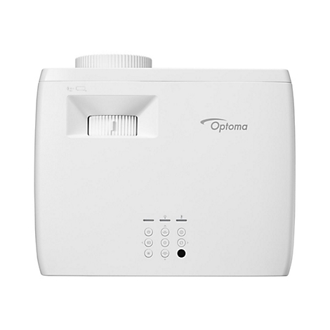 Projecteur Optoma blanc, vue de face. Zone de l'objectif en haut, en dessous les boutons de commande et le logo Optoma.