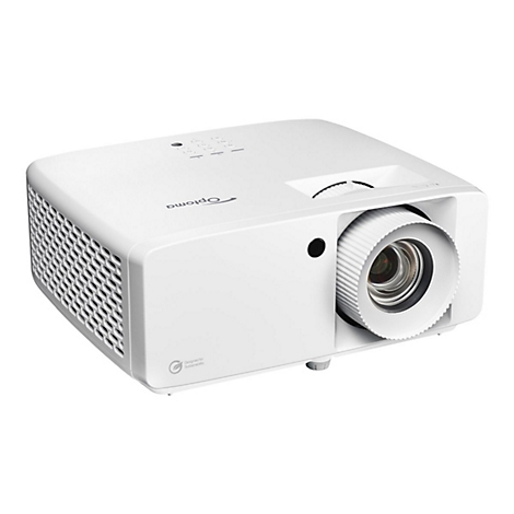 Projecteur blanc avec logo Optoma. Lentille, fentes de ventilation et commandes visibles.