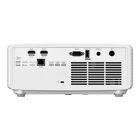 Dos d'un projecteur blanc avec connexions HDMI, RJ-45, alimentation, audio et plus encore.