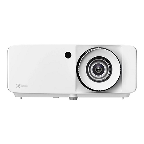 Projecteur blanc, objectif en focus. Inscription : Designed for Sustainability.