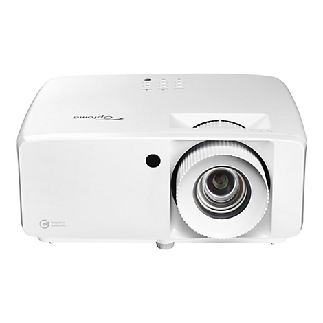 Un projecteur blanc avec le logo Optoma. L'objectif est entouré d'un anneau blanc. Inscription : Designed for Sustainability.