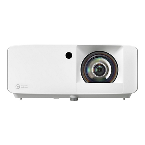 Un projecteur blanc sur fond blanc. Sur le côté gauche, on peut lire "Designed for Sustainability". Sur le côté droit se trouve une lentille.
