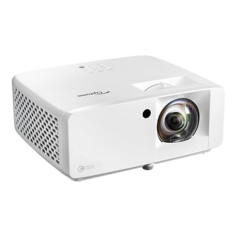 Projecteur Optoma blanc, vue de côté. Une lentille et des commandes sont visibles.