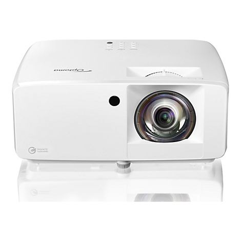 Projecteur Optoma blanc, conçu pour la durabilité. Les boutons sont situés au-dessus de l'objectif, et le logo Optoma.