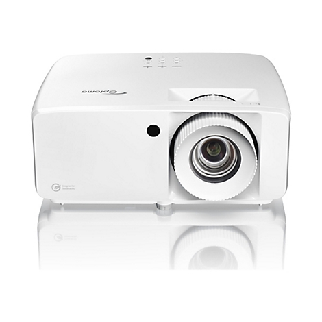 Projecteur Optoma blanc, en gros plan. L'objectif, les boutons et le logo sont visibles.