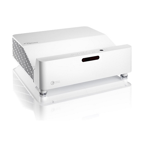 Un projecteur Optoma blanc sur fond blanc, avec boutons de commande, affichage et logo.