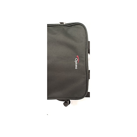 Sac de transport noir, avec logo Optoma rouge. Sur fond blanc.