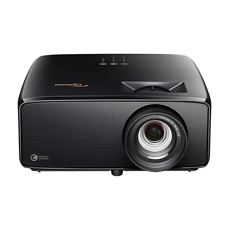 Projecteur Optoma noir sur fond blanc, avec objectif et logo.