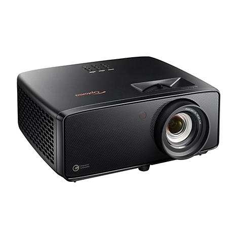 Projecteur noir avec logo Optoma et objectif zoom.