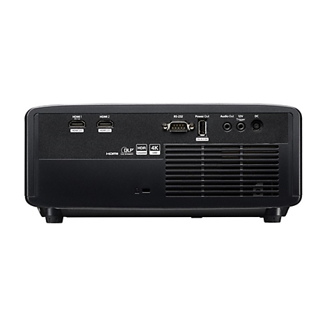 Schwarzer Projektor, Rückansicht. Anschlüsse für HDMI, Strom, Audio, 12V Trigger und DC. Aufschrift: HDMI, DLP, HDR, 4K.