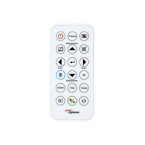 Weiße Fernbedienung mit Knöpfen, Beschriftungen und Optoma-Logo.