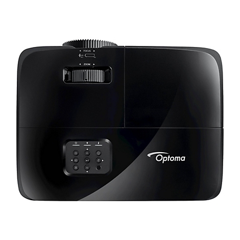 Schwarzer Optoma Beamer von oben mit Fokus- und Zoomrad sowie Tastenfeld zur Bedienung auf der Oberseite.