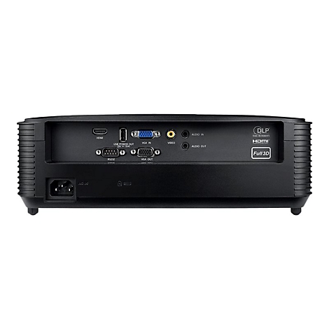 Schwarzer Projektor, RÃ¼ckseite mit AnschlÃ¼ssen: HDMI, USB, VGA, Audio, Stromanschluss. Label: DLP, HDMI, Full 3D.