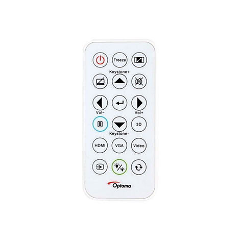 WeiÃŸes Optoma-Fernbedienung mit mehreren KnÃ¶pfen, darunter Ein/Aus, HDMI und 3D.