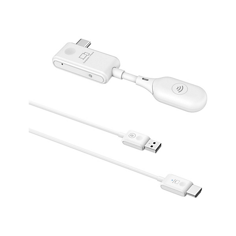 Appareil électronique blanc avec connecteur USB-C étiqueté "Ordinateur/Téléphone" et une seconde extrémité avec un symbole d'onde radio.