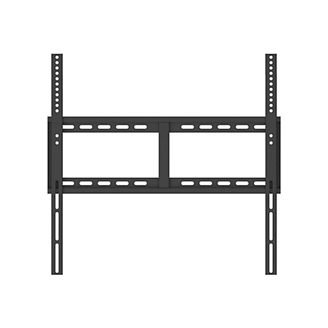 Schwarze TV-Wandhalterung, bestehend aus zwei senkrechten Halterungen mit Löchern und einem horizontalen Rahmen mit rechteckigen Aussparungen.