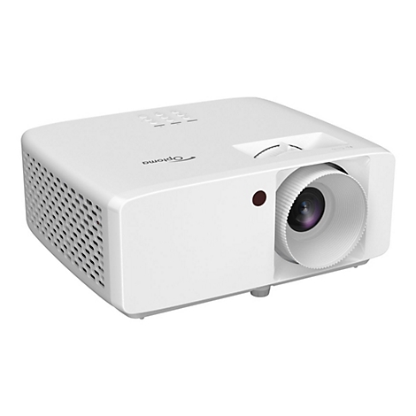 WeiÃŸer Projektor, seitlich betrachtet. Objektiv mit Einstellrad, roter Punkt daneben, Marke Optoma.