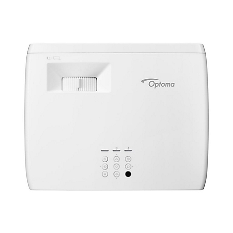 Projecteur Optoma blanc, vue de face. En haut à gauche : ouverture de l'objectif, à droite : logo Optoma. En bas : panneau de contrôle avec symboles.