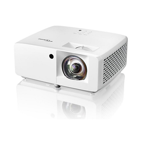 Projecteur Optoma blanc avec lentille, commandes et ventilation sur une surface brillante.