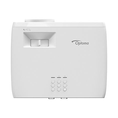 Projecteur Optoma blanc, vue de dessus. Devanture avec objectif, boutons et logo Optoma.