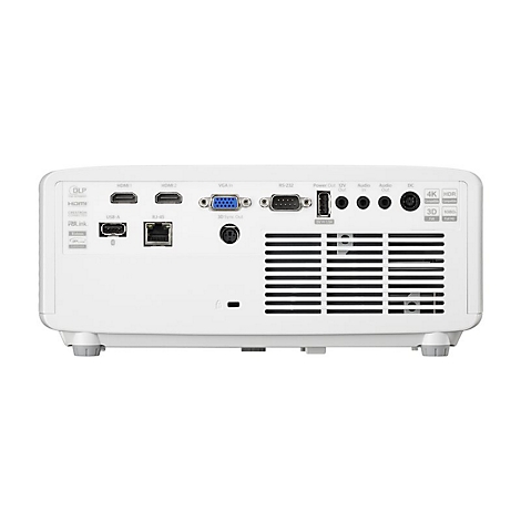 Rückseite eines weißen Beamers mit zahlreichen Anschlüssen: HDMI, USB, RJ-45, VGA, Audio und Strom. Schwarz gerasterte Lüftung.