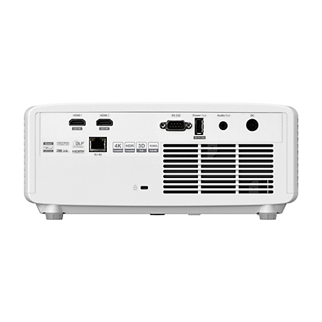RÃ¼ckseite eines weiÃŸen Projektors mit verschiedenen AnschlÃ¼ssen, darunter HDMI, USB, und Netzwerk. SchriftzÃ¼ge kennzeichnen Funktionen.