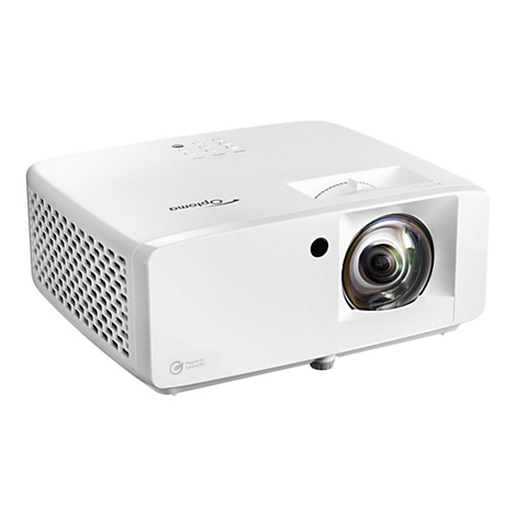 Projecteur Optoma blanc, avec objectif et commandes, l'inscription "Optoma" est visible.