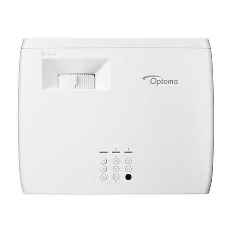 Weißer Optoma-Projektor, Draufsicht. Auf der Vorderseite befinden sich Bedienknöpfe und das Optoma-Logo.