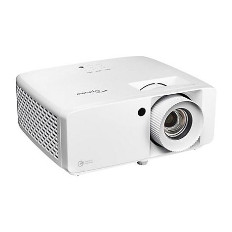 Weißer Optoma Projektor mit prominenter Linse vor weißem Hintergrund.