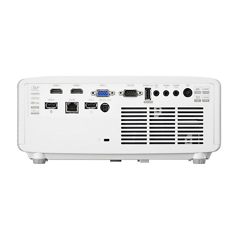 Die weiße Rückseite eines Videoprojektors mit zahlreichen Anschlüssen wie HDMI, USB, VGA und Audio sowie Lüftungsschlitzen.