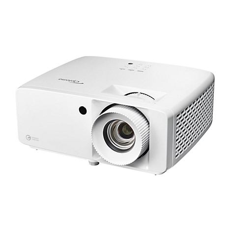 Weißer Optoma Projektor in einer leicht schrägen Perspektive vor weißem Hintergrund.