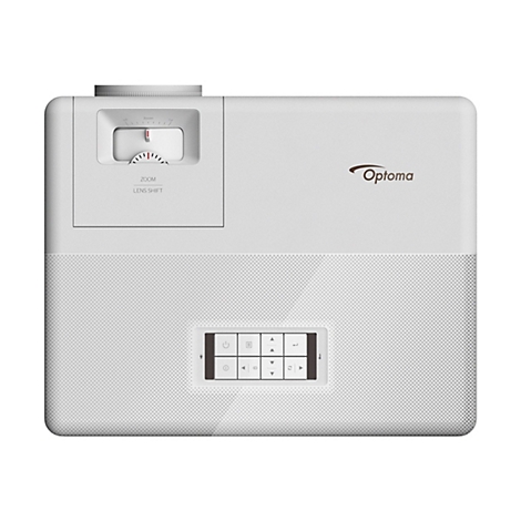 WeiÃŸer Optoma-Projektor, Zoom- und SteuerknÃ¶pfe. Mit Optoma-Logo.