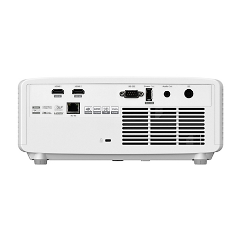 RÃ¼ckseite eines weiÃŸen Projektors mit AnschlÃ¼ssen: HDMI, USB, RJ45, 4K, 3D.