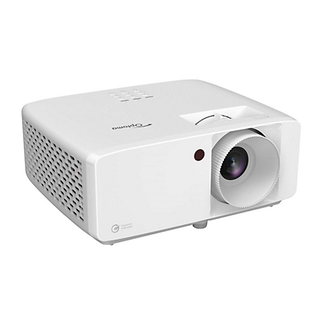 WeiÃŸer Projektor, rechteckig, Linse mit schwarzem Objektiv. Marke Optoma.