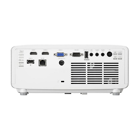 Rückseite eines weißen Projektors mit Anschlüssen für HDMI, USB, VGA, Audio und Strom.