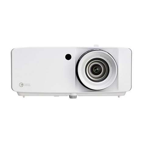 Projecteur blanc avec objectif et l'inscription 'Zoom Lens 1.6X F2.5-3.26'. Inscription : 'Designed for Sustainability'.