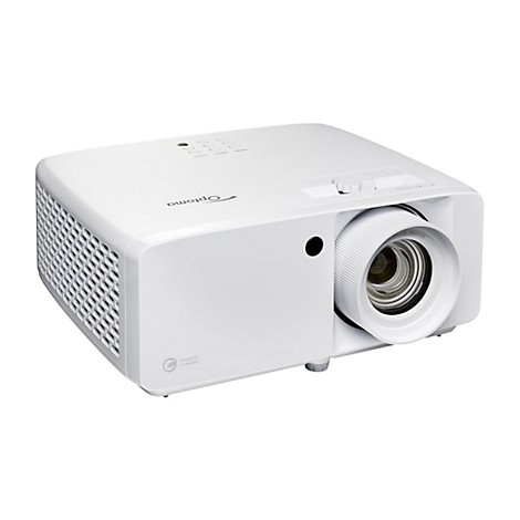 Projecteur Optoma blanc avec lentille. Le côté a une ventilation, l'avant montre l'objectif et les boutons.