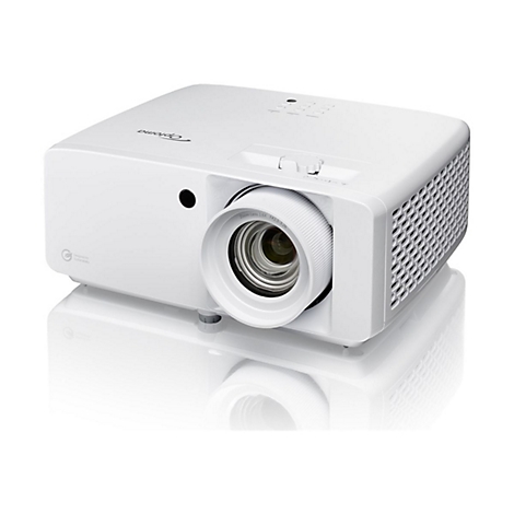 Projecteur Optoma blanc, gros plan sur une surface brillante. L'objectif est mis au point.