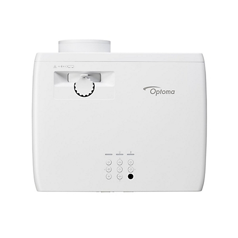 Projecteur Optoma blanc, vue de face. Molette de réglage, boutons et logo. Objectif rond sur le dessus.