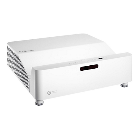 Projecteur Optoma blanc. Il a un corps rectangulaire, de petits pieds et des boutons de commande.