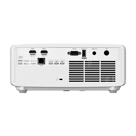 RÃ¼ckansicht eines weiÃŸen Projektors mit AnschlÃ¼ssen fÃ¼r HDMI, LAN, USB, RS232 und Audio. LÃ¼fterschlitze unten.